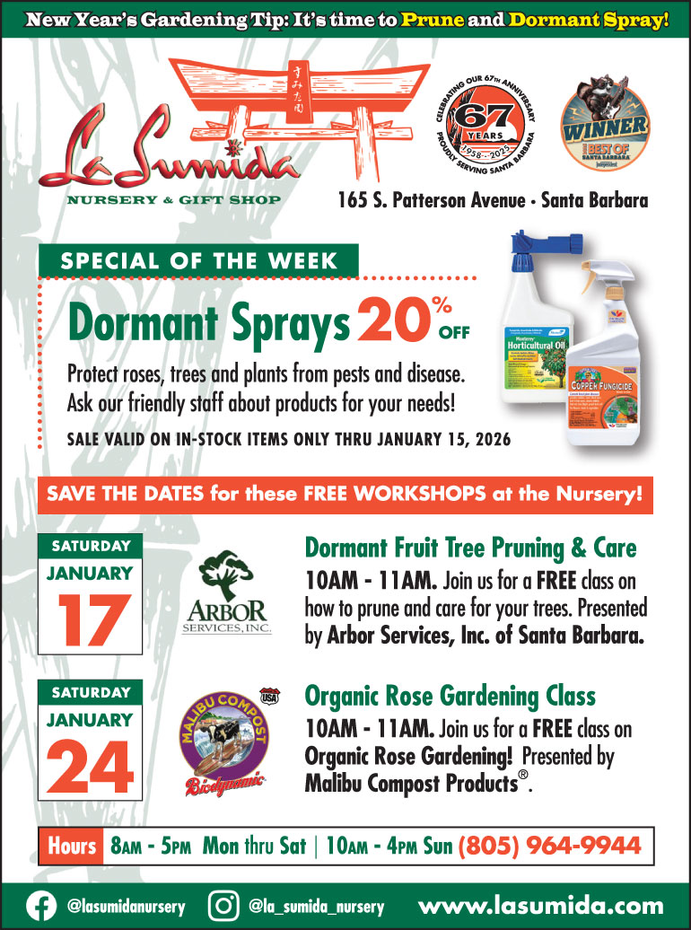 Dormant Sprays on sale at La Sumida Nursery through 1/15/26 - Protect your roses, trees and plants from disease and pests!
