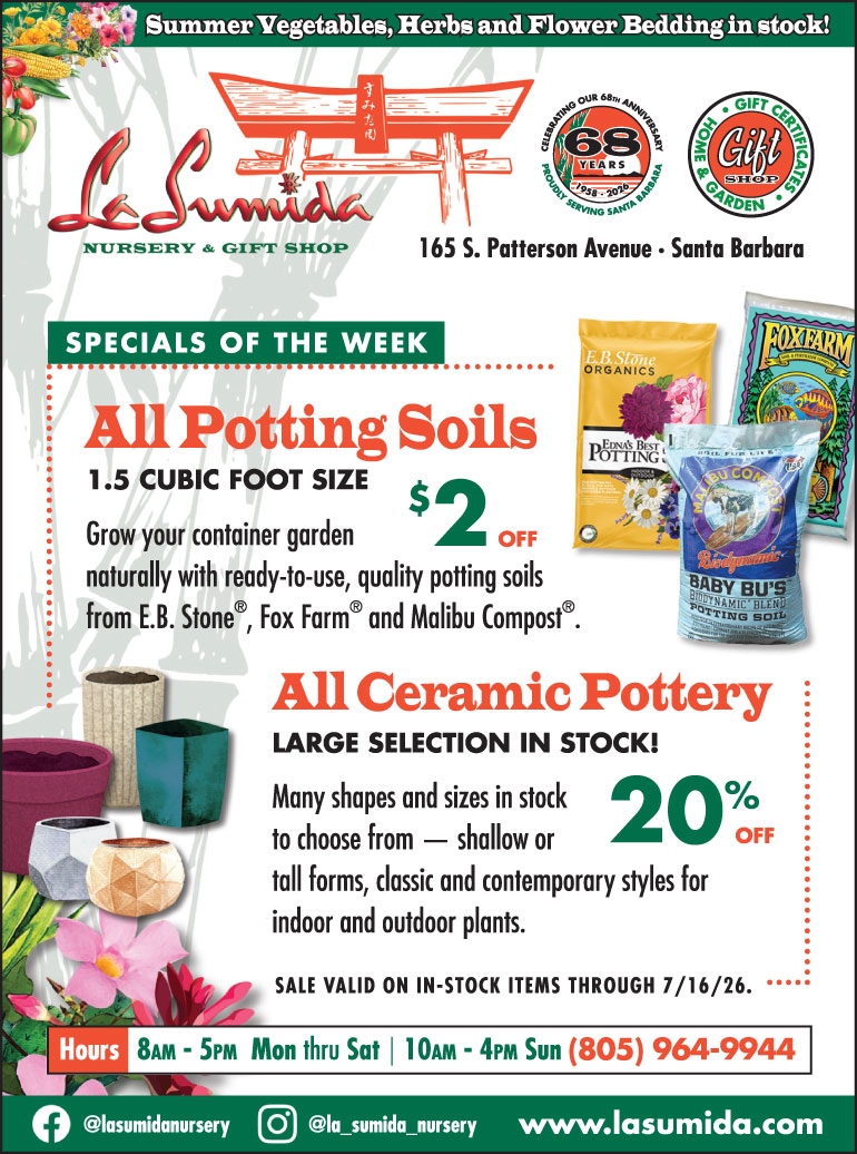 Potting Soil and Ceramic Pottery on sale at La Sumida Nursery through July 16, 2026