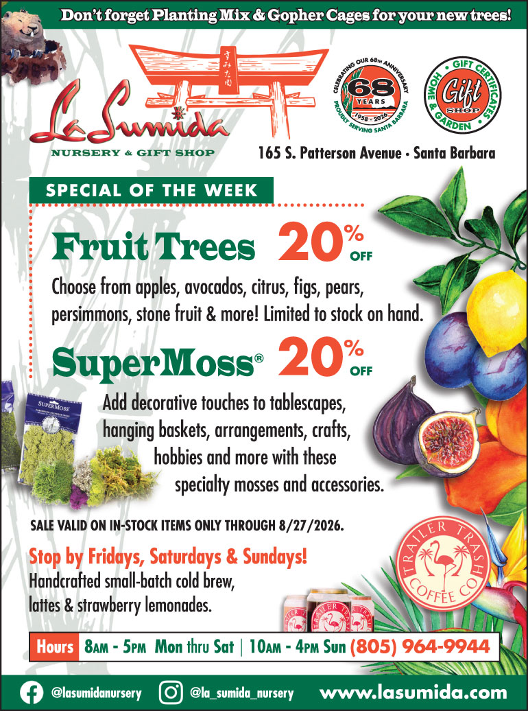 Fruit Trees and SuperMoss products on sale at La Sumida Nursery through August 27, 2026