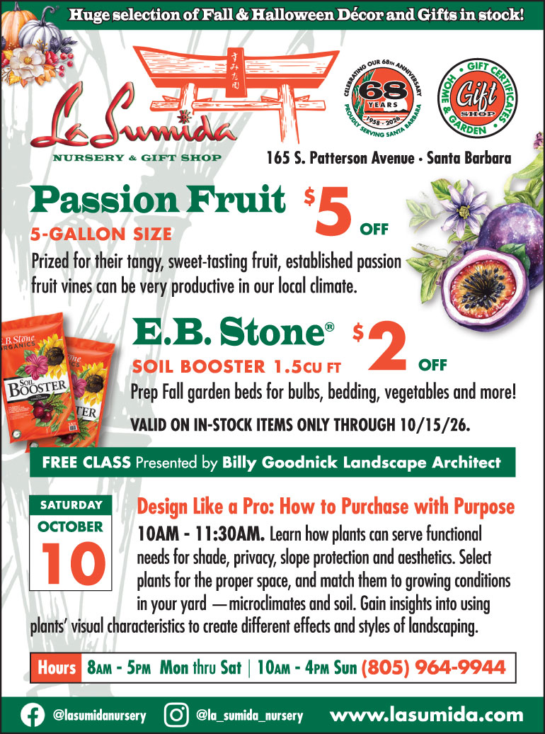 Passion Fruit and E.B. Stone Organics Soil Booster on sale at La Sumida Nursery through October 15, 2026